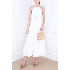 AJE $475 NEW Renata White Halter Gauze Tiered Cutout Eyelash Midi Dress Sz 12